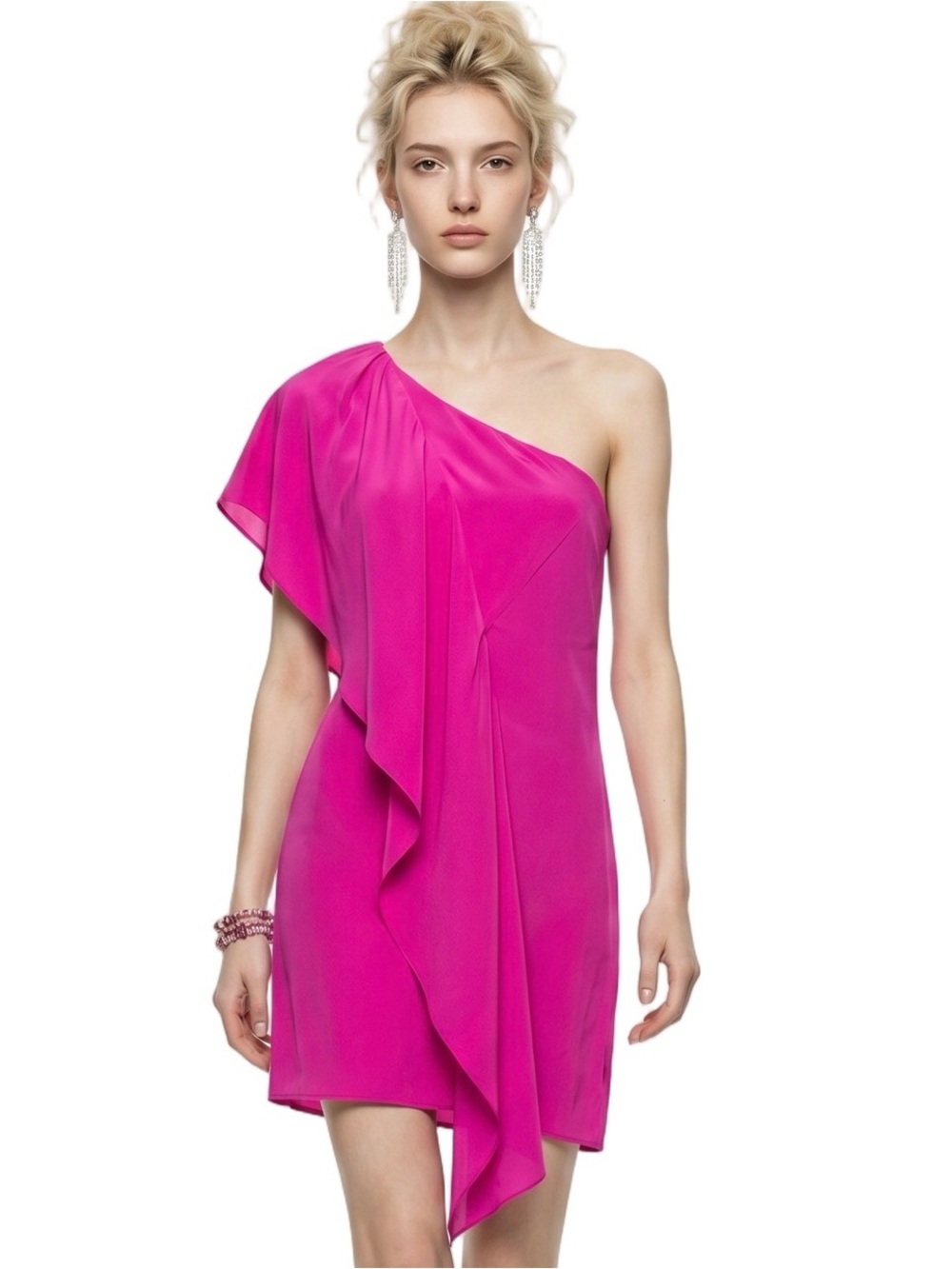 GREYLIN Pink One shoulder Silk Mini dress Draped Feminine Quiet Luxury Elegant